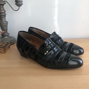Vintage Western Style Italian Striped Leather Black Loafers